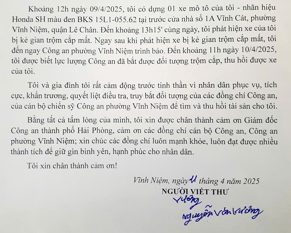 Người dân gửi thư cảm ơn: Công an phường Vĩnh Niệm (quận Lê Chân)